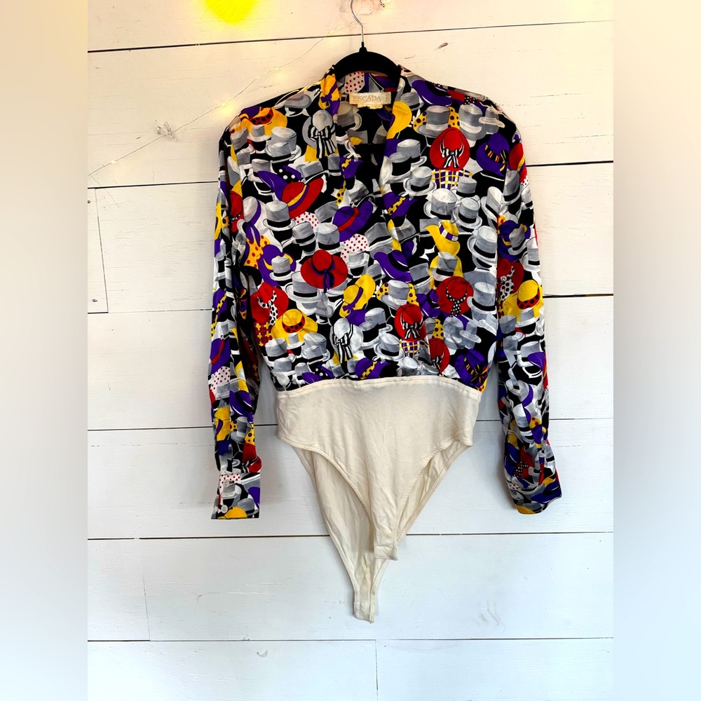 Vintage Escada Margaretha Ley Silk Multicolor Bodysuit Size 8 ladies hats